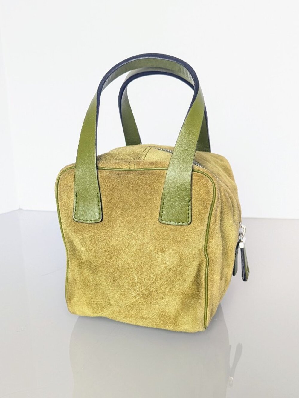 Vintage Bally Green Suede Konstantina Cube Bag Zip Close Double Leather Handles